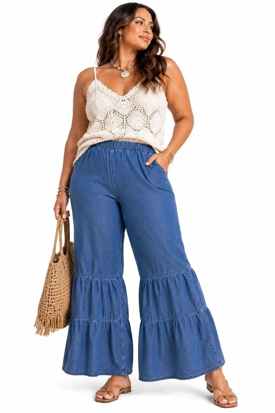 Boho High Rise Chambray Tiered Ruffle Palazzo Wide Leg Pants Medium